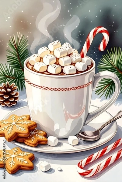 Fototapeta Warm winter beverage with marshmallows and cookies on a snowy table decorated for the holidays
