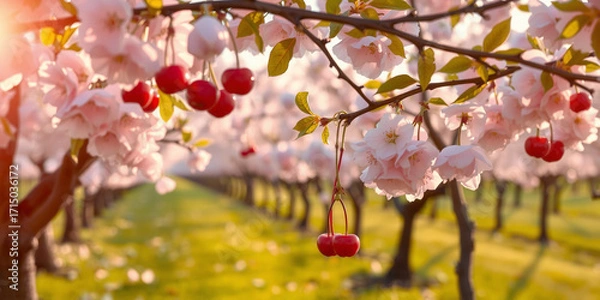 Fototapeta An orchard of blooming cherry trees at golden hour, with sunlight filtering through the blossoms