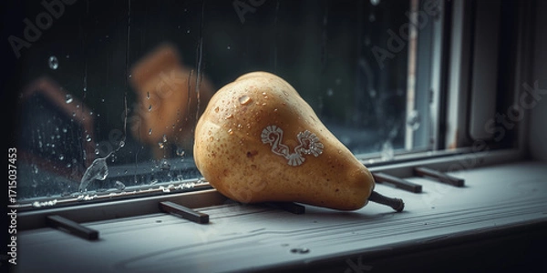 Fototapeta A Single Ripe Pear on a Weathered Log
