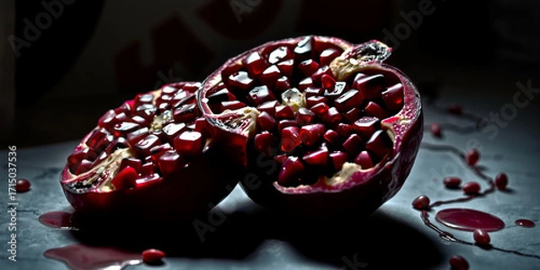 Fototapeta A Sliced Pomegranate on a Marble Countertop