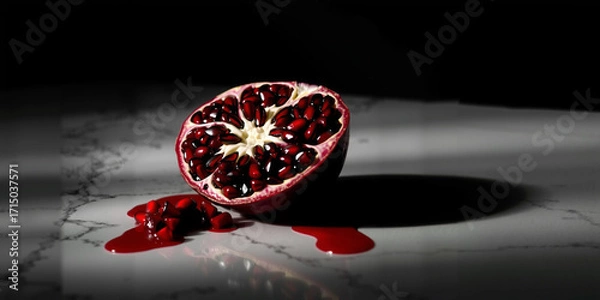 Fototapeta A Sliced Pomegranate on a Marble Countertop
