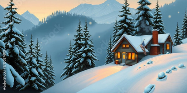Fototapeta A Snowy Mountain Cabin Nestled Among Pine Trees