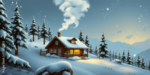 Obraz A Snowy Mountain Cabin Nestled Among Pine Trees