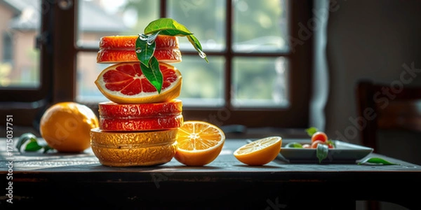 Fototapeta A Perfectly Balanced Stack of Vibrant Citrus Fruits