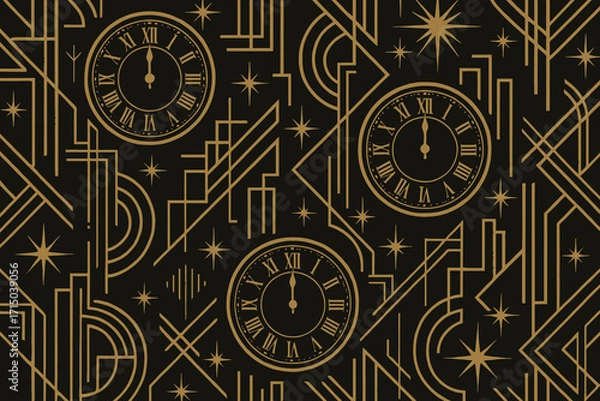 Fototapeta Elegant art deco pattern featuring golden clocks and geometric designs on a dark background