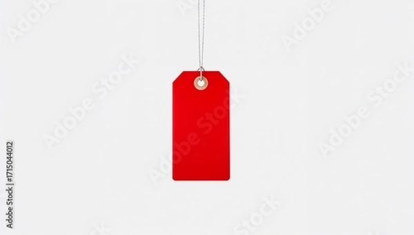 Obraz A single bright red rectangular tag hanging from a thin silver string against a plain white background