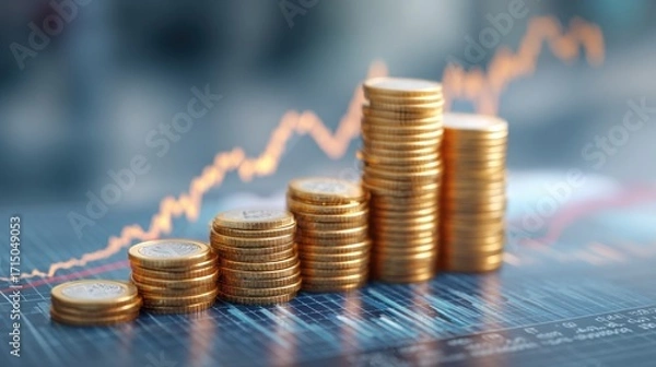 Obraz Coins are stacked in increasing order on a finance chart illustrating upward growth. The background features a vibrant graph indicating positive market trends.