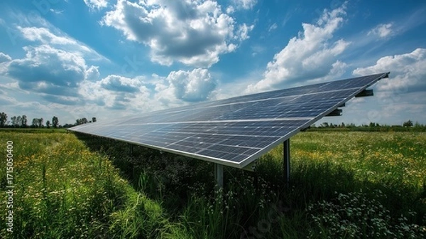Obraz Solar panels in blooming meadow
