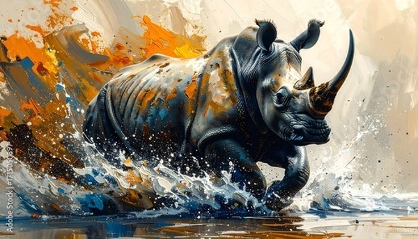 Obraz Powerful rhino in motion, splashed with vibrant paint