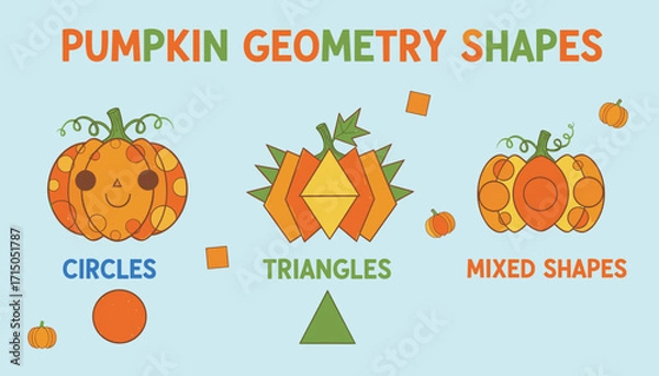 Fototapeta Educational illustration of pumpkins formed by geometric shapes circles triangles and mixed