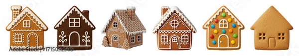 Fototapeta Gingerbread house set including various decorated, plain, flat cookies, and 3D designs isolated. Festive Christmas and holiday season baking collection.
