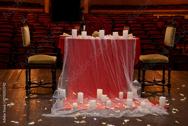Fototapeta Romantic Proposal Setup in Theater: Red Table, Candles, Roses, Chairs, Stage, Dramatic Lighting, Intimate Scene, Valentines Day.