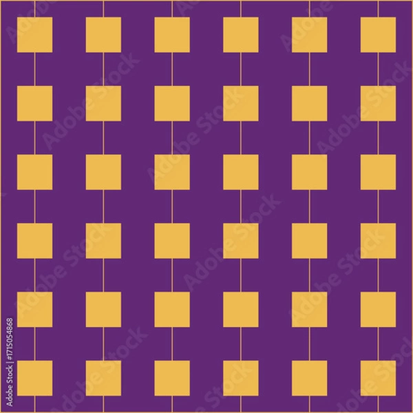 Fototapeta Small gold square shaped decorations hanging on thin gold threads, against a purple background
