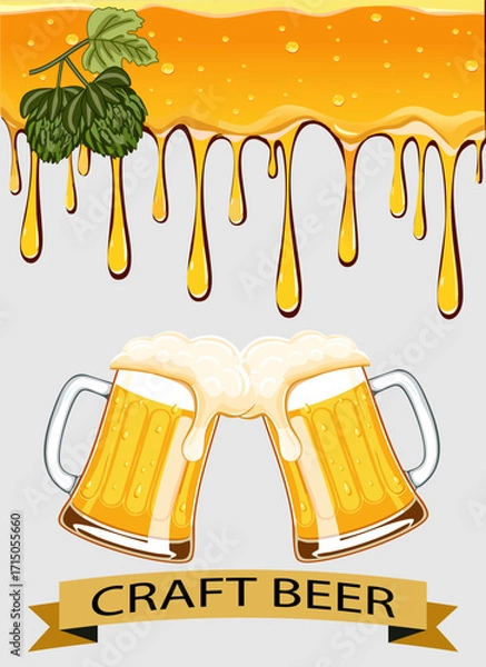 Fototapeta Illustration with drops of beer.Vector illustration of beer drink drips, beer mugs and text.