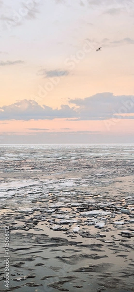 Obraz Peaceful scene of ice floes drifting in calm ocean waters with stunning sunset sky. Reflective water surface captures colorful clouds, evoking serenity and tranquility. Vertical photo