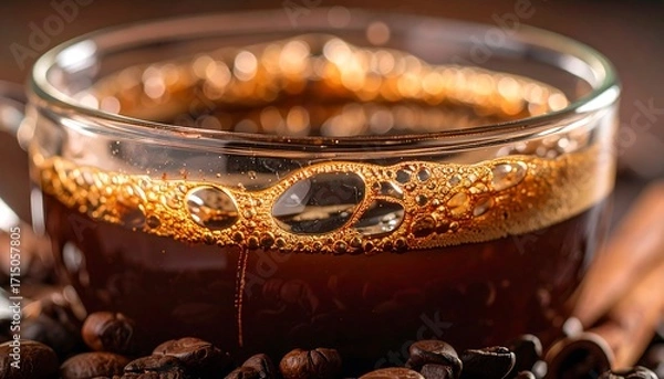 Fototapeta Close-up of Dark Coffee in Glass Cup with Crema, Roasted Beans