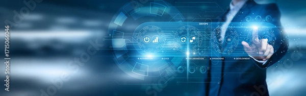 Obraz Businessman data analysis for performance and DevOps, continuous integration, deployment automation, cloud infrastructure, agile workflows, system monitoring, software optimization