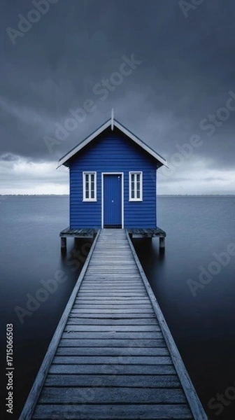 Obraz A serene, minimalist scene of a vibrant blue boathouse perched on a tranquil lake, accessed by a long wooden pier, under a dramatic, overcast sky.
