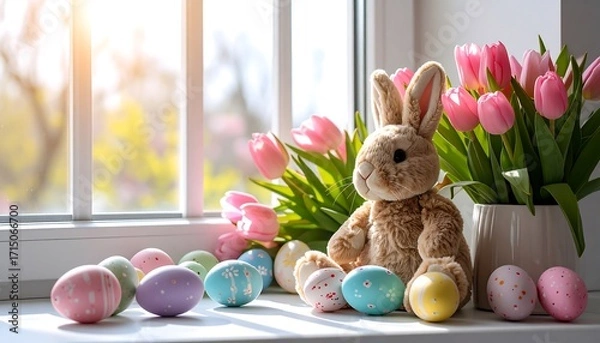 Fototapeta Easter Bunny with Painted Eggs and Pink Tulips on Windowsill