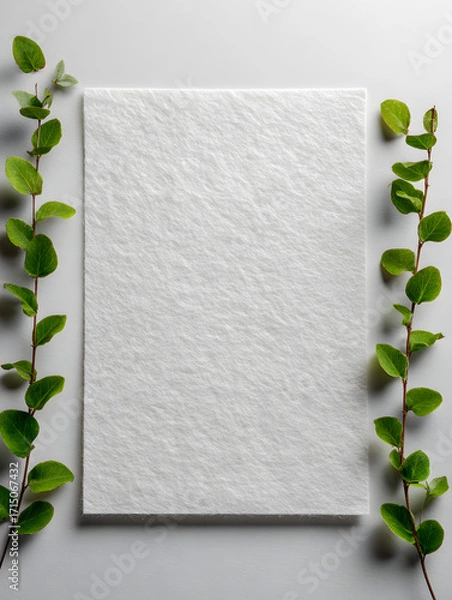 Fototapeta Blank textured card with green leafy branches on white background, perfect for eco-friendly wedding invitations, botanical stationery, or natural design mockups.

