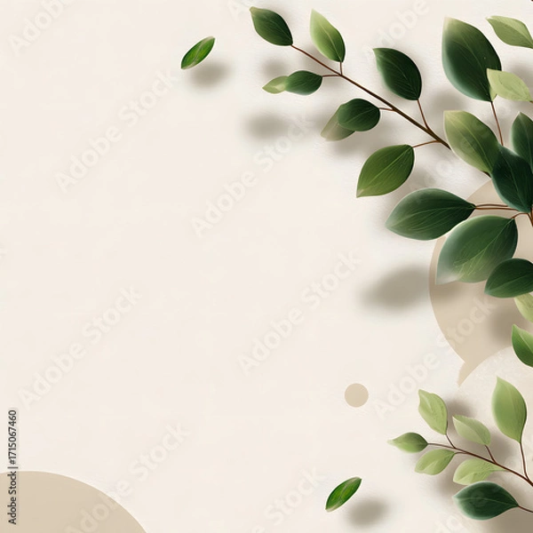 Fototapeta Minimal botanical background with green leaves on beige backdrop, perfect for invitations, greeting cards, posters, or elegant nature-inspired stationery designs.
