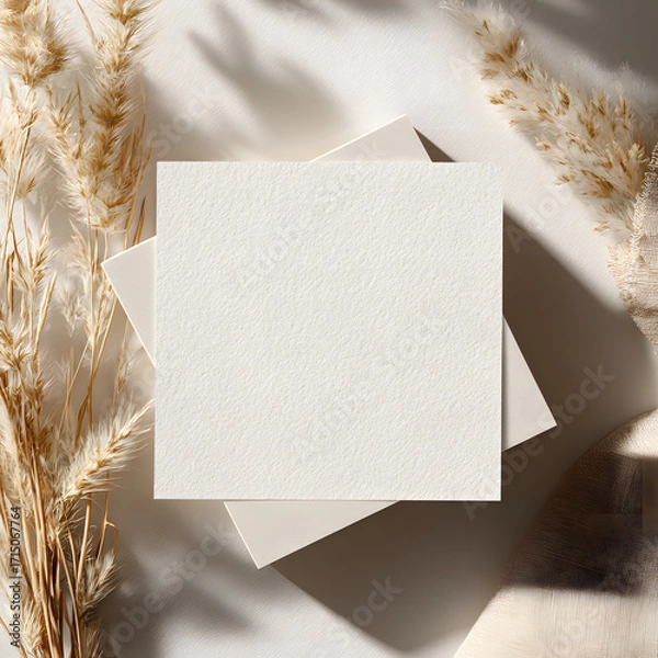 Fototapeta Square blank card on neutral background with dried grass in natural sunlight, perfect for wedding invitations, rustic stationery, or minimal mockup designs.
