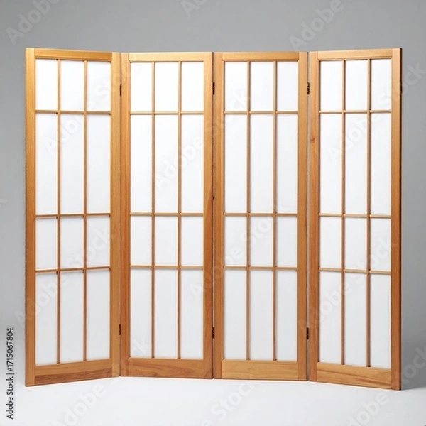 Fototapeta Four-panel room divider; light wood frame, off-white paper inserts, simple grid pattern, hinges visible