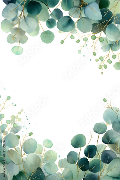 Fototapeta Watercolor eucalyptus leaves frame on white background, perfect for wedding invitations, greeting cards, posters, or elegant botanical stationery designs.
