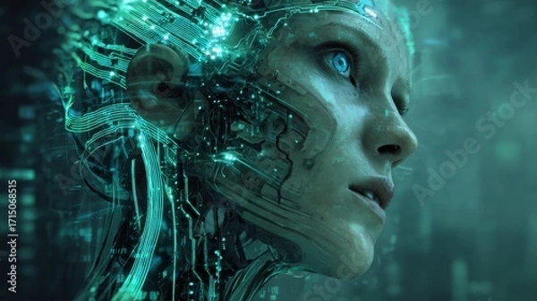 Fototapeta A humanoid figure with glowing blue eyes and intricate circuits integrated into its face stands in a digital landscape. The atmosphere is filled with futuristic technology details.
