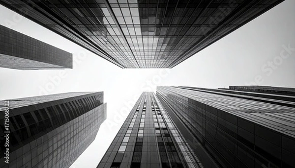 Fototapeta Low-angle monochrome shot of four towering skyscrapers converging towards a bright sky
