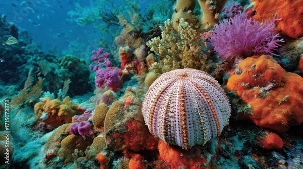 Fototapeta A colorful coral reef in the Caribbean Sea showcases diverse marine flora and fauna. Bright sponges and corals provide a bustling habitat for various sea creatures in clear blue waters.