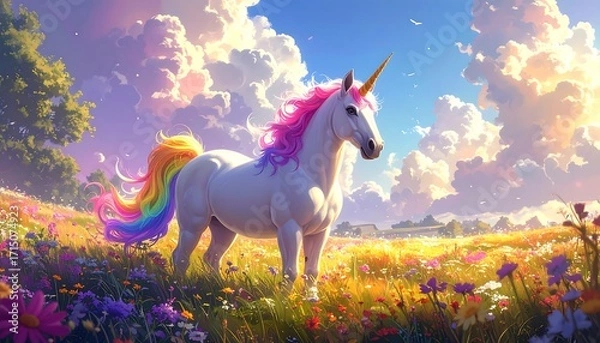 Fototapeta Enchanted Unicorn Grazing in a Colorful Meadow