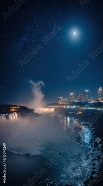 Obraz A captivating nighttime view of Niagara Falls, illuminated by city lights and a starry sky.