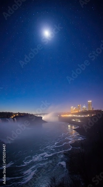 Obraz A breathtaking night-time view of Niagara Falls under a starry sky, highlighted by a luminous moon, and illuminated city.
