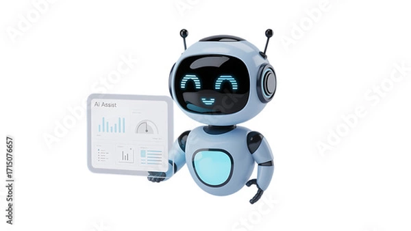 Fototapeta Friendly AI assistant presenting data insights with futuristic interface and helpful digital display