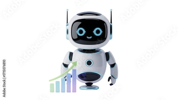 Fototapeta Cute robot showing positive business growth chart for financial AI solutions and automation