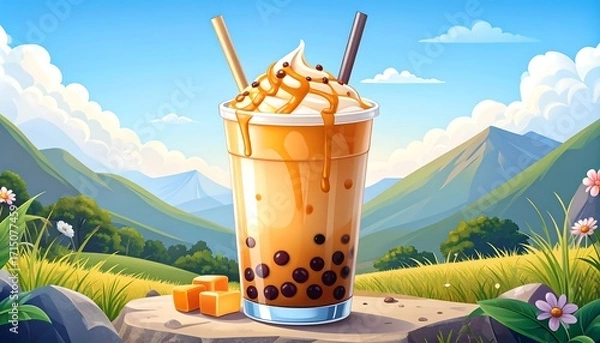 Obraz Caramel bubble tea in a glass cup on a rocky outcrop against a scenic mountain landscape