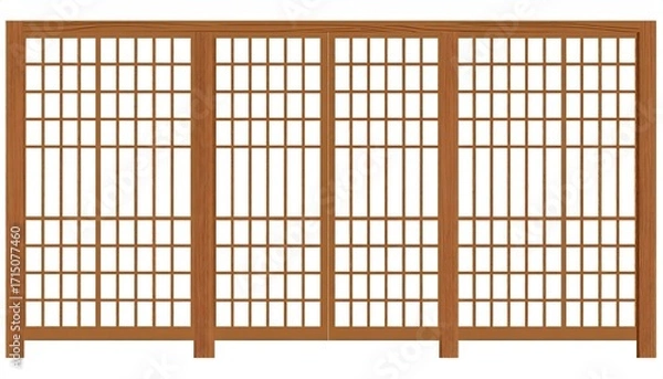 Fototapeta Four-panel sliding wood door, light brown, with a gridded lattice pattern framed by thicker wood.  Bottom shows a thicker base