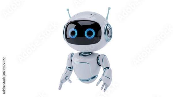 Fototapeta Friendly futuristic robot assistant with bright blue eyes looking ahead, ready to help you with tasks