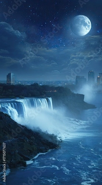 Obraz A serene nighttime view of Niagara Falls under a full moon, showcasing the majestic beauty of the falls against a backdrop of a city skyline.