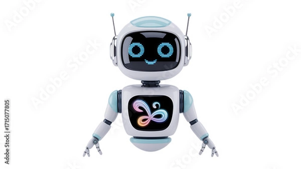 Fototapeta Friendly robot with a glowing smile and logo, perfect for tech startups and innovative brands