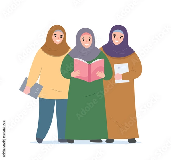 Fototapeta Muslim girls in hijabs, holding a book in their hands, reading and gaining knowledge. Vector flat graphics.