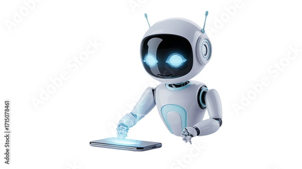 Fototapeta Friendly robot interacts with a smartphone, offering assistance and innovative tech solutions