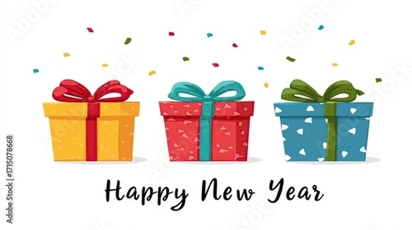 Fototapeta Colorful gift boxes in vibrant hues with decorative ribbons, celebrating festive occasions, surrounded by confetti, conveying joy and excitement for the New Year celebration