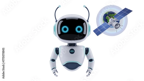Fototapeta Futuristic robot with Earth and satellite showcases high tech innovation and advanced connectivity