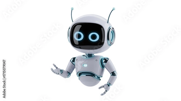 Fototapeta Friendly robot offers a helping hand, futuristic AI assistant with glowing eyes and welcoming gesture