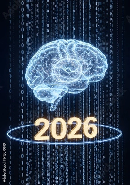 Fototapeta 2026 background Digital brain with glowing neural network and binary code streams forming 2026