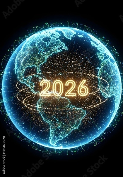 Fototapeta new year 2026 AI- Digital earth with glowing connections and the year 2026 displayed prominently