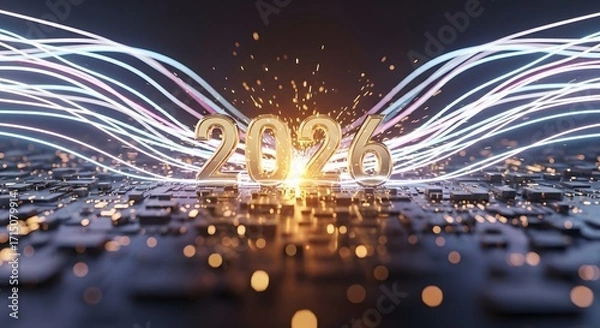 Fototapeta new year background Golden 2026 text with futuristic glowing lines and circuit board background