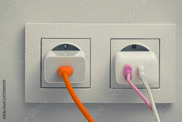 Fototapeta phone chargers and their cords plugged into the wall socket